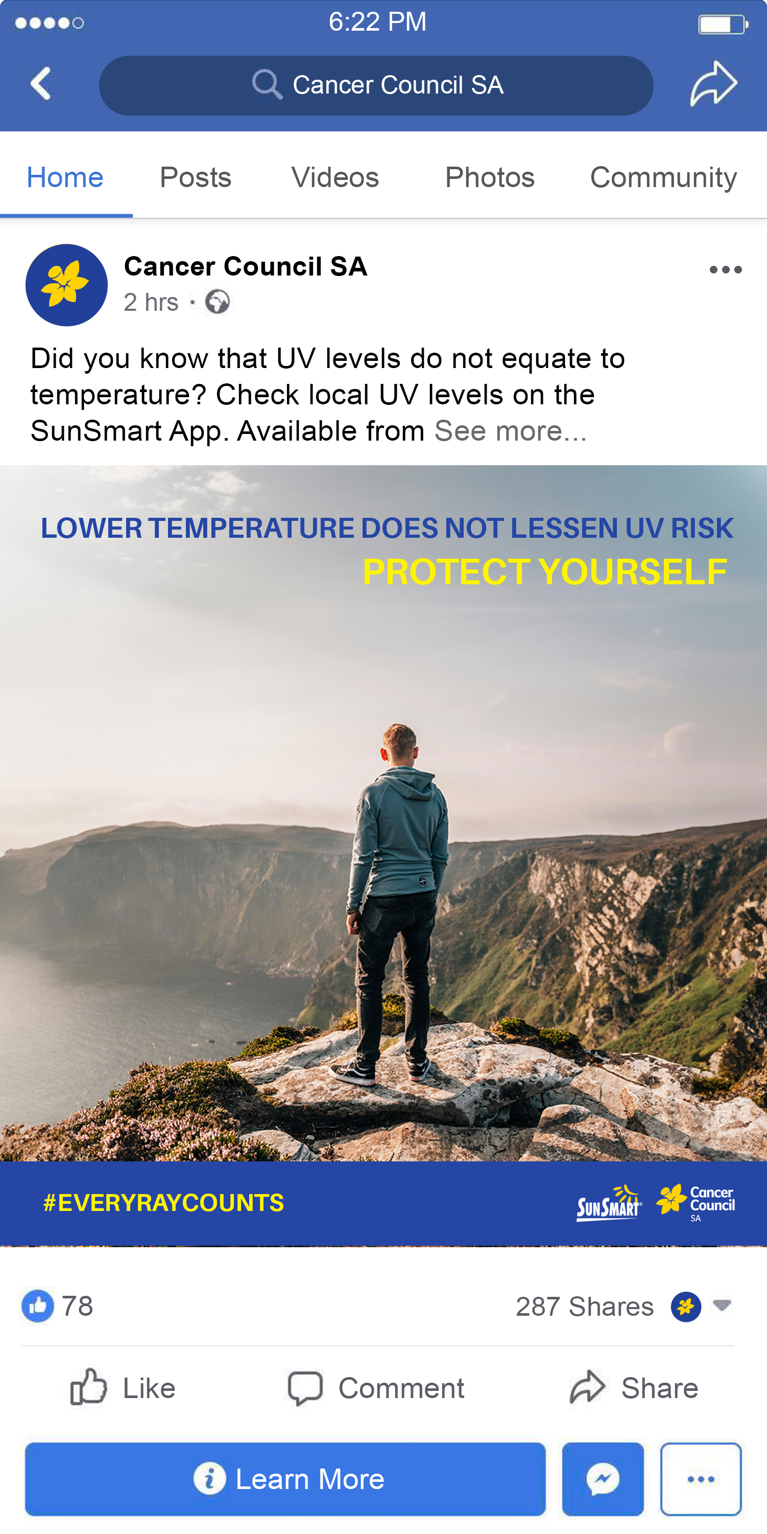 A facebook mockup of a hiker on a mountain using sun protection measures