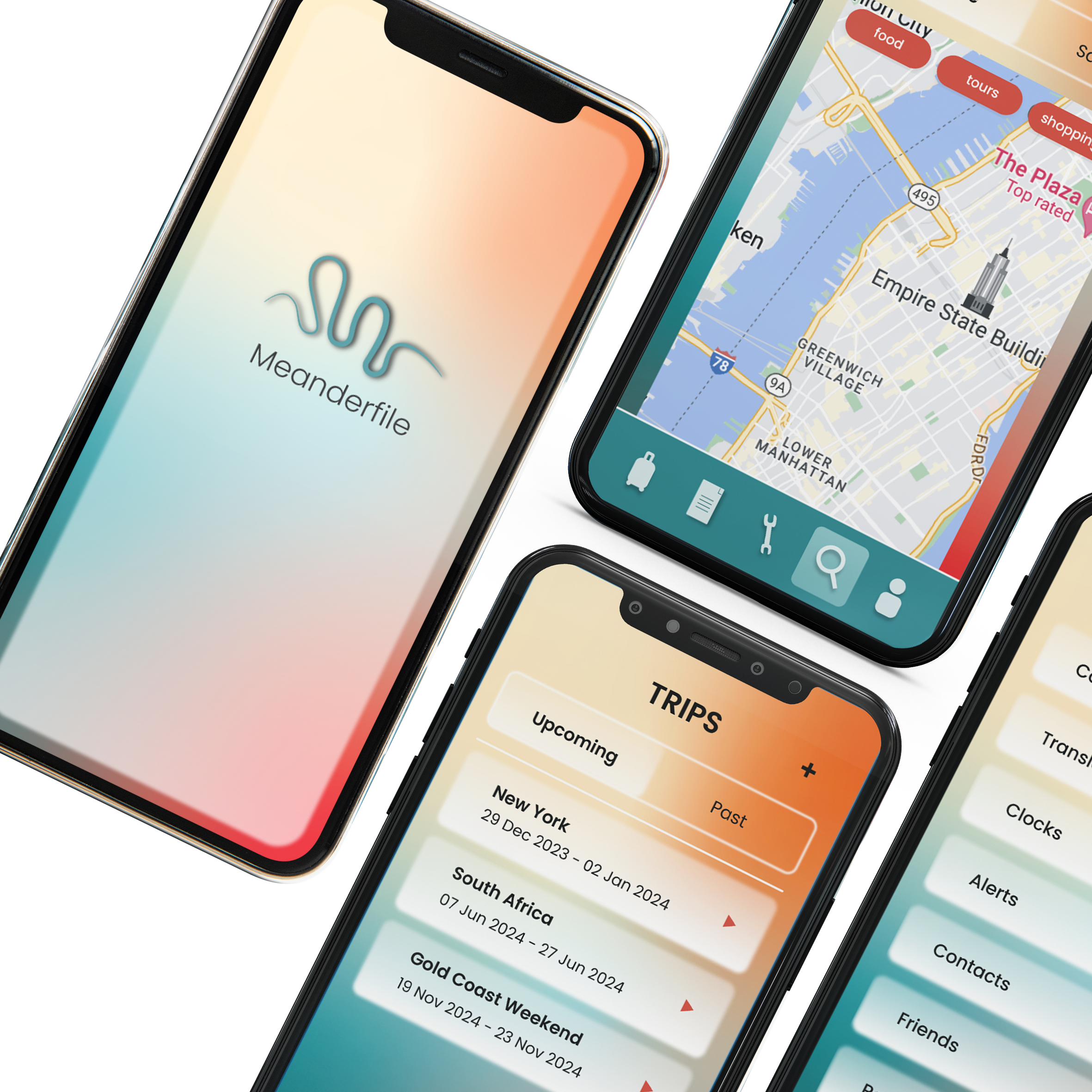 A mockup of four phones showing the meanderfile travel app design