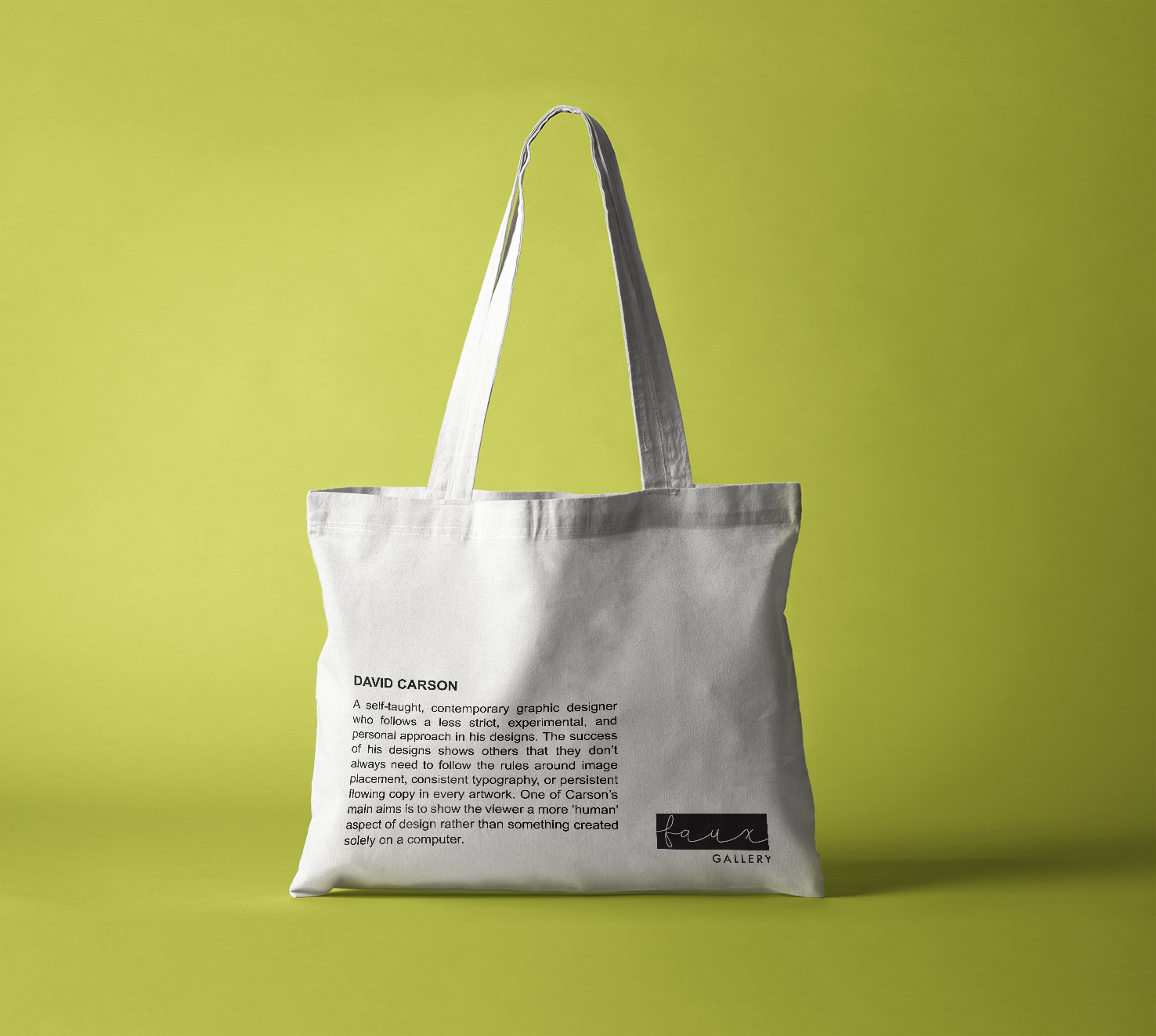 The back of the tote bag which includes information on the designer that the design was inspired by