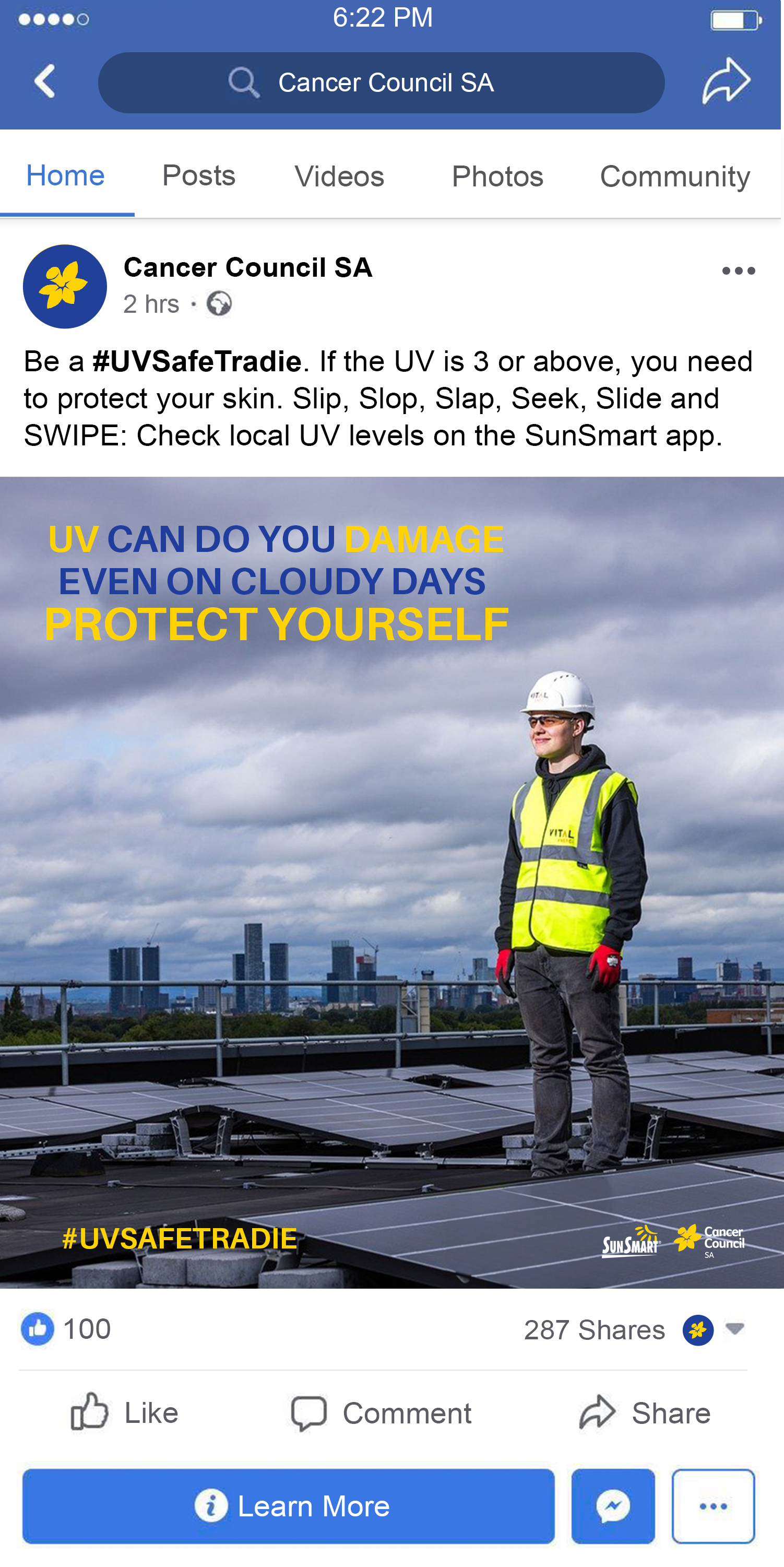 A facebook mockup of a tradie on a roof using sun protection measures