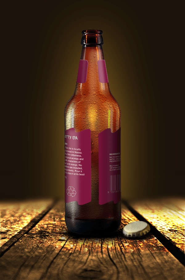 A beer bottle showing the back label design