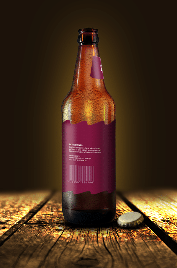 A beer bottle showing the left label design